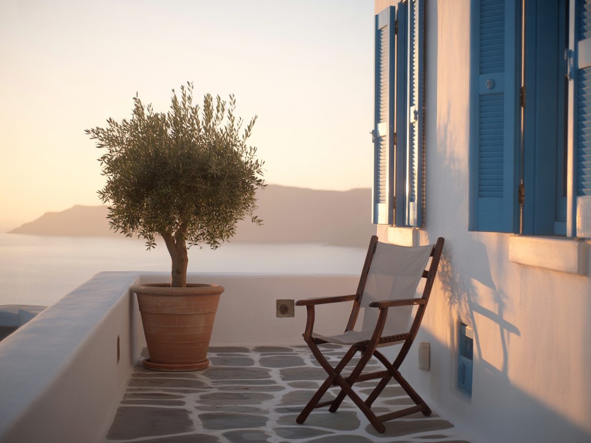 Stone balcony overlooking the Messinian Gulf at golden hour — Estia